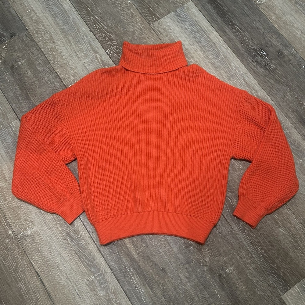 Vibrant Orange Womens Medium Zara Turtleneck Knit Crop Sweater Cinched Waist